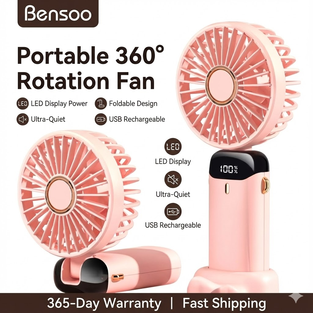 Bensoo N15 Desktop Foldable Real time LED display Small Fan Portable USB Rechargeable Mini Cooling Fan Adjustable Height Quiet Table Fan for Home Office Travel