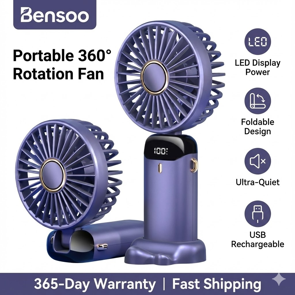 Bensoo N15 Desktop Foldable Real time LED display Small Fan Portable USB Rechargeable Mini Cooling Fan Adjustable Height Quiet Table Fan for Home Office Travel