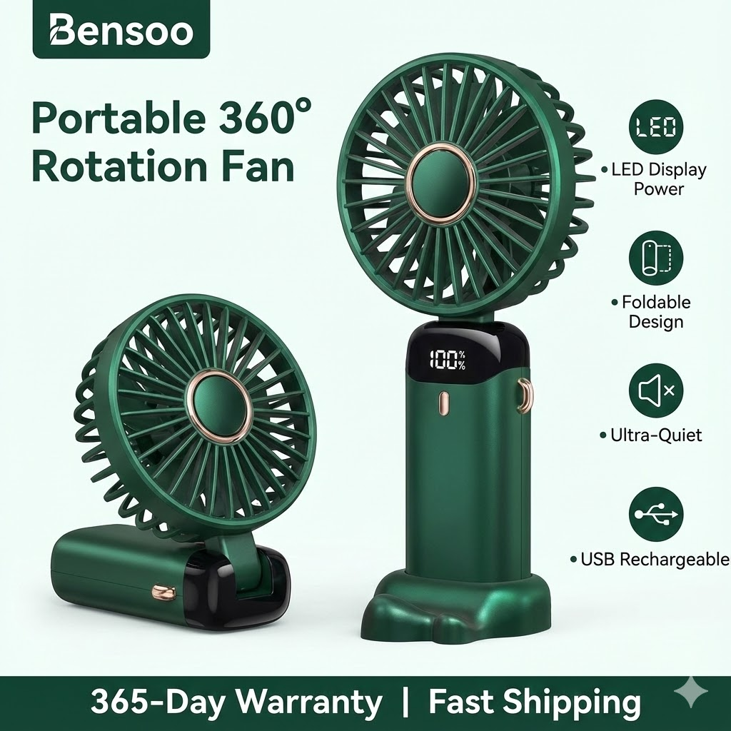 Bensoo N15 Desktop Foldable Real time LED display Small Fan Portable USB Rechargeable Mini Cooling Fan Adjustable Height Quiet Table Fan for Home Office Travel