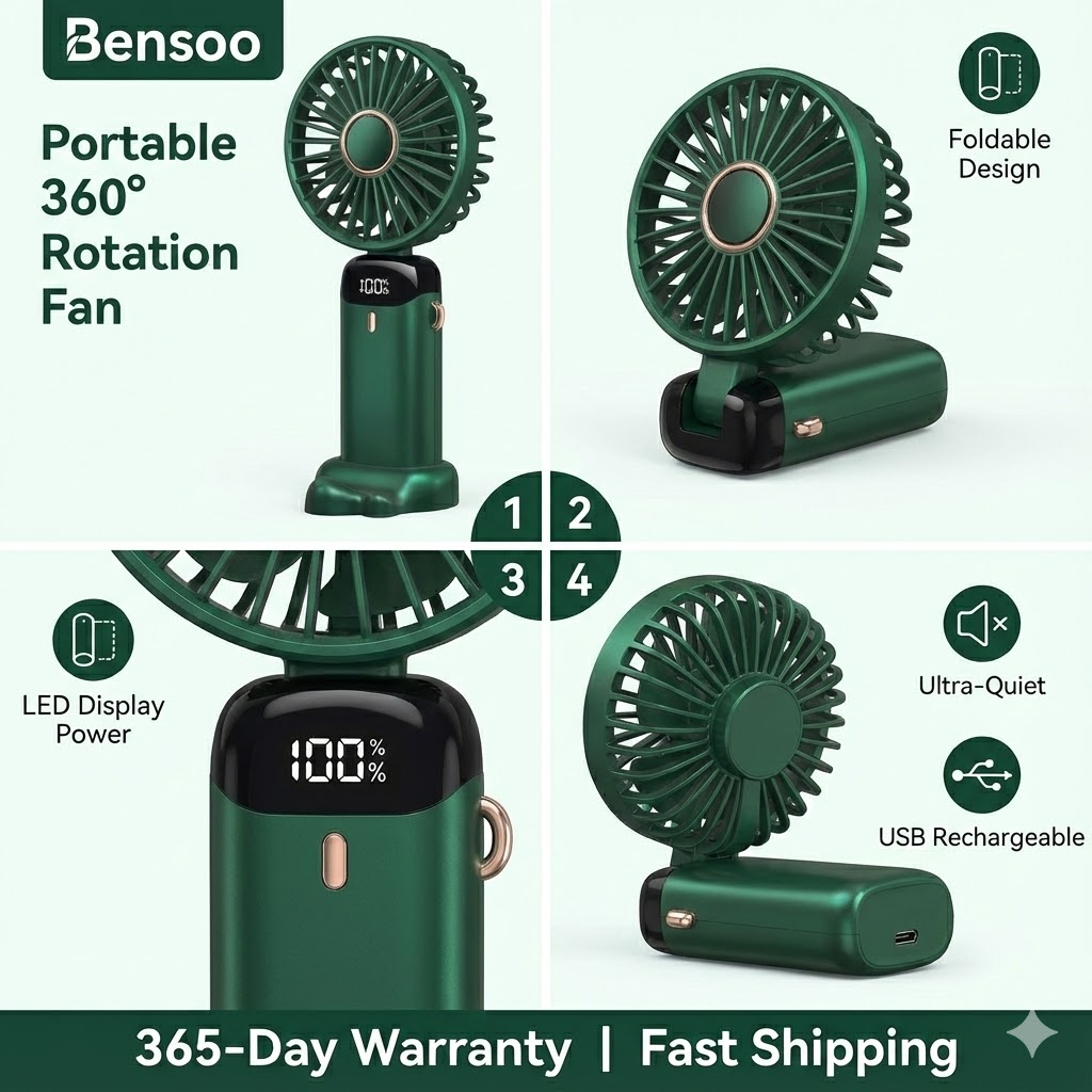 Bensoo N15 Desktop Foldable Real time LED display Small Fan Portable USB Rechargeable Mini Cooling Fan Adjustable Height Quiet Table Fan for Home Office Travel