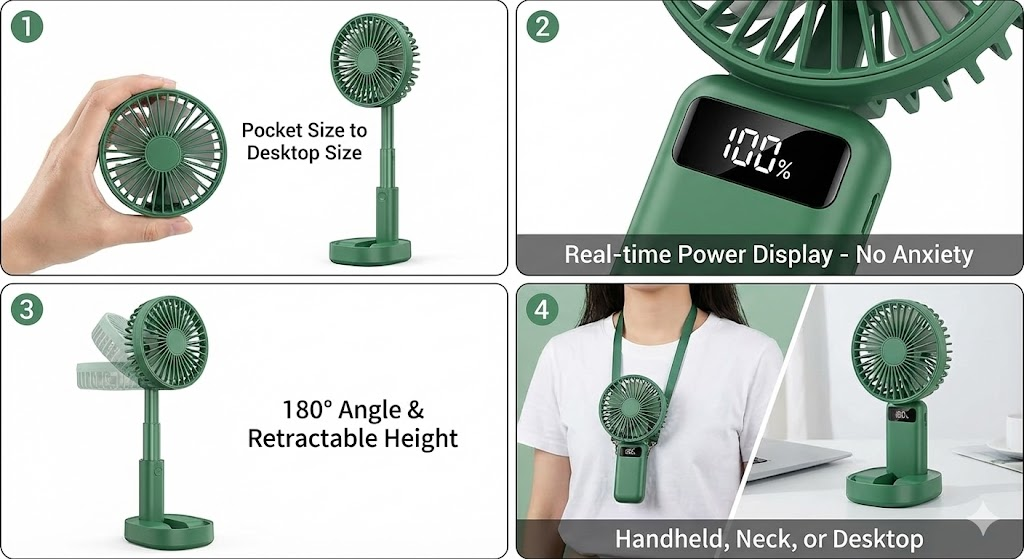 Bensoo N15 Desktop Foldable Real time LED display Small Fan Portable USB Rechargeable Mini Cooling Fan Adjustable Height Quiet Table Fan for Home Office Travel