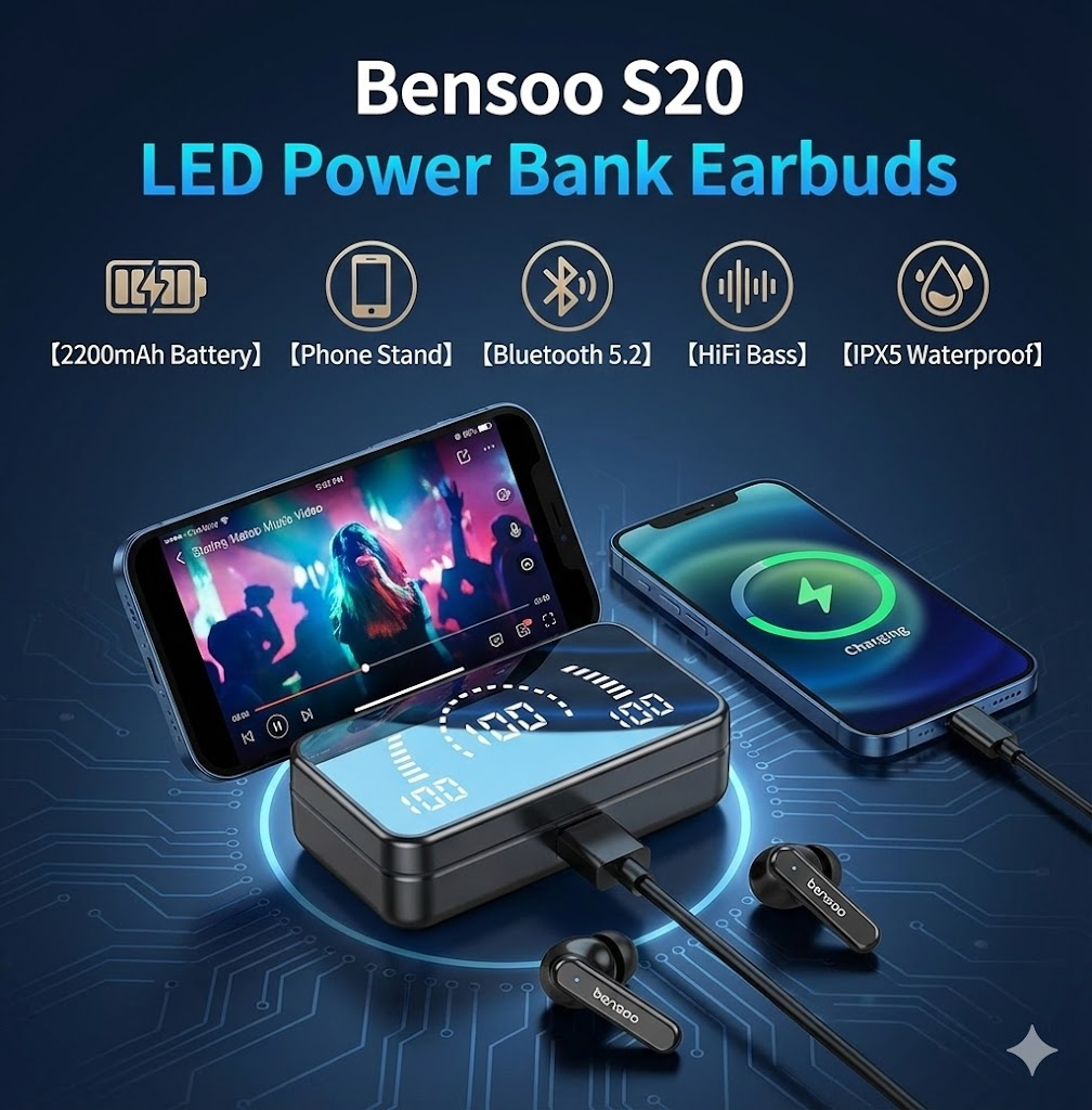 New Arrivals Bensoo S20 TWS Bluetooth Earpods pro Earphone Headphones Sport Eraphones Wired Eraphones Erapods Sport Earbuds Headset pods Bluetooth Earphones For All Smartphone Mobile phones Table Ear