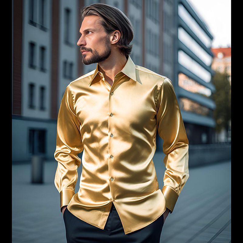 Mens Satin Silk Dress Shirt Long Sleeve Slim Business Formal Casual Tops Classic Fashion Shiny Party Nightclubs Wear  Shirts