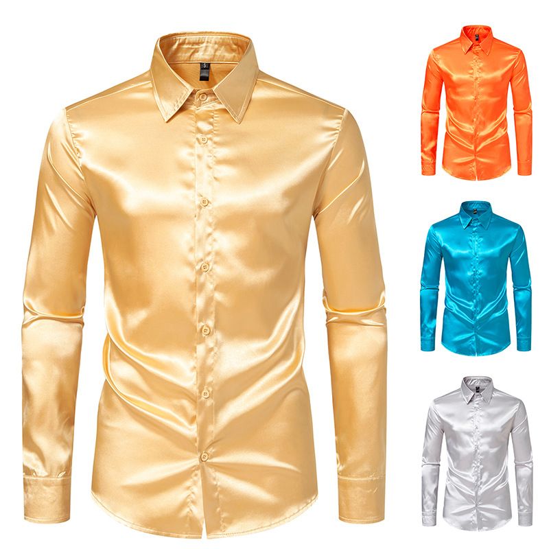 Mens Satin Silk Dress Shirt Long Sleeve Slim Business Formal Casual Tops Classic Fashion Shiny Party Nightclubs Wear  Shirts