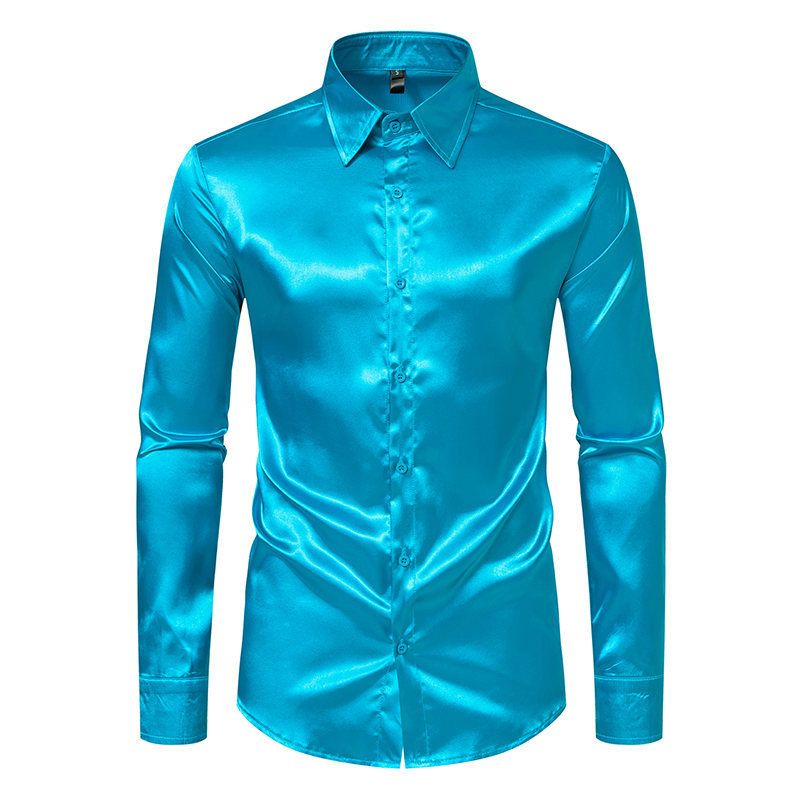 Mens Satin Silk Dress Shirt Long Sleeve Slim Business Formal Casual Tops Classic Fashion Shiny Party Nightclubs Wear  Shirts