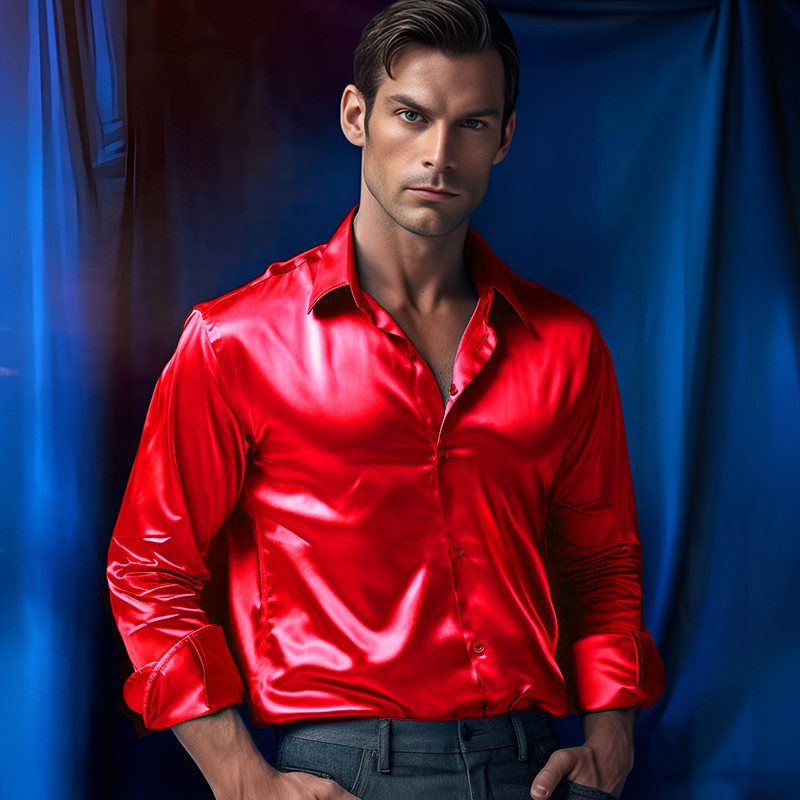 Mens Satin Silk Dress Shirt Long Sleeve Slim Business Formal Casual Tops Classic Fashion Shiny Party Nightclubs Wear  Shirts