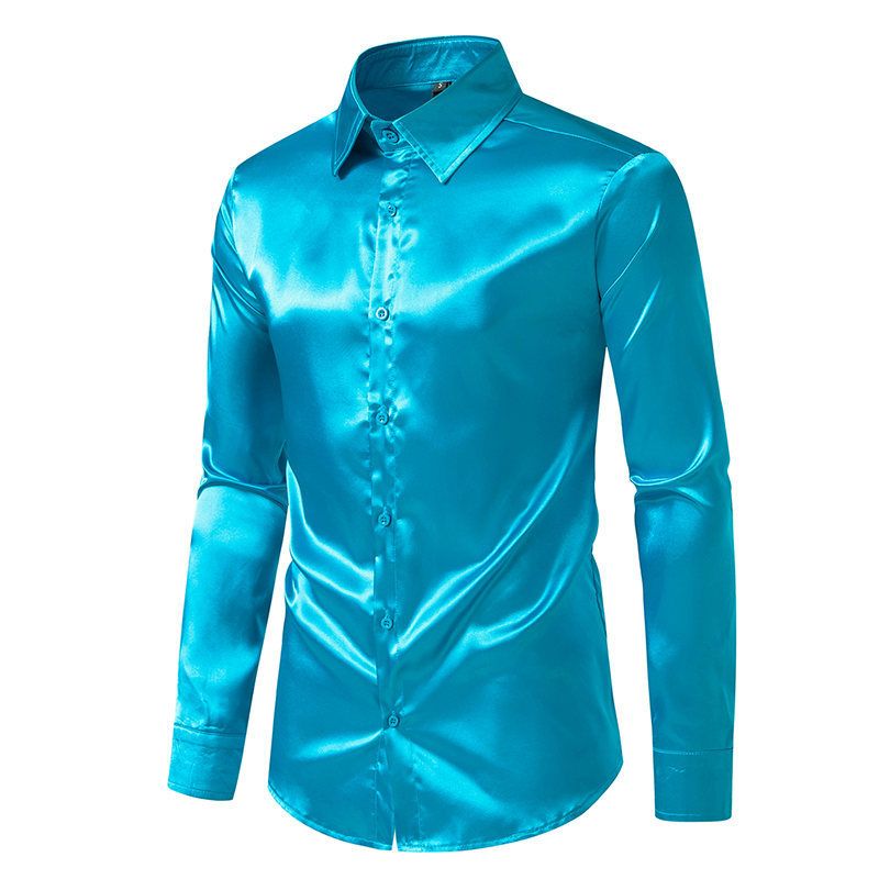 Mens Satin Silk Dress Shirt Long Sleeve Slim Business Formal Casual Tops Classic Fashion Shiny Party Nightclubs Wear  Shirts