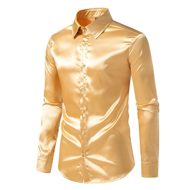 Mens Satin Silk Dress Shirt Long Sleeve Slim Business Formal Casual Tops Classic Fashion Shiny Party Nightclubs Wear  Shirts