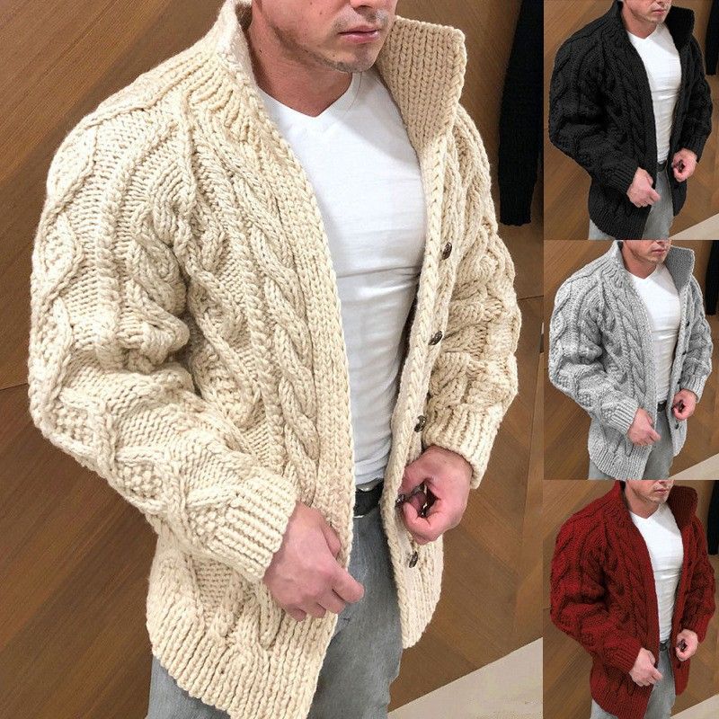 Sueter Hombre Lounge Vintage Plus Size Plain Polyester Stand Collar Breasted Jacquard Cable Knit Men Cardigan Sweater