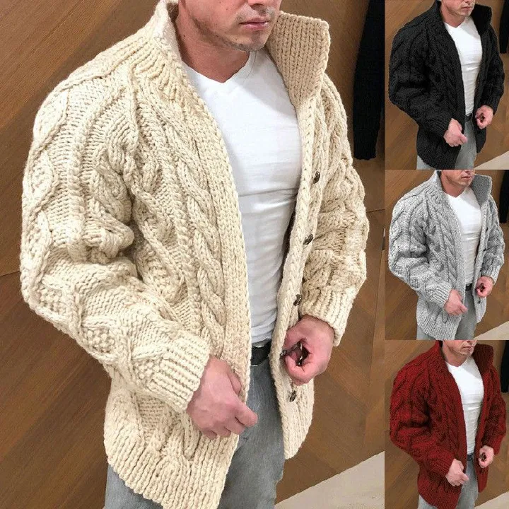 Sueter Hombre Lounge Vintage Plus Size Plain Polyester Stand Collar Breasted Jacquard Cable Knit Men Cardigan Sweater