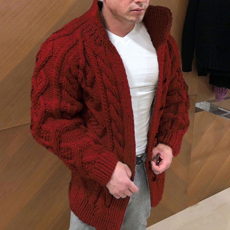 Sueter Hombre Lounge Vintage Plus Size Plain Polyester Stand Collar Breasted Jacquard Cable Knit Men Cardigan Sweater