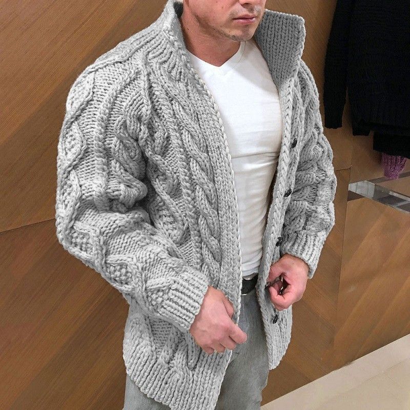 Sueter Hombre Lounge Vintage Plus Size Plain Polyester Stand Collar Breasted Jacquard Cable Knit Men Cardigan Sweater