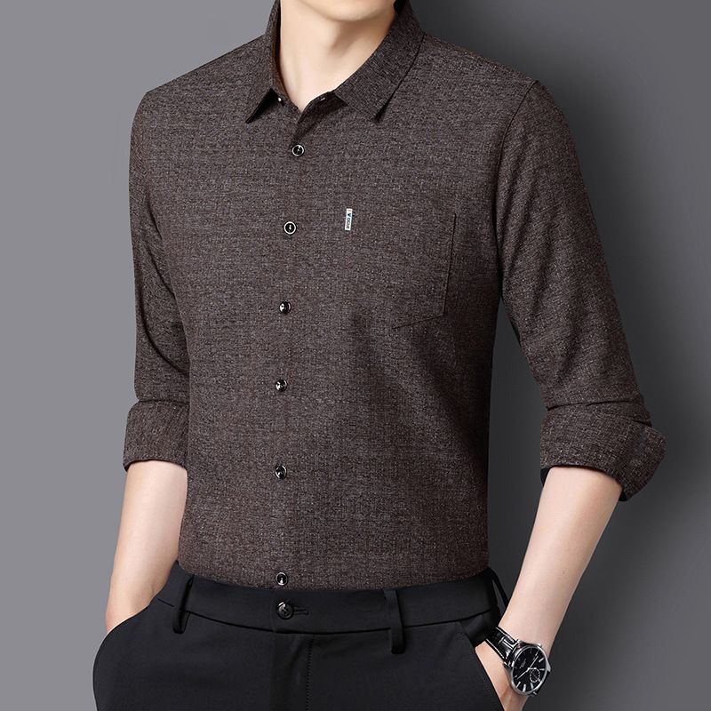 Autumn mulberry silk long sleeved shirt for men, real pocket business, middle-aged, no ironing, solid color shirt for men