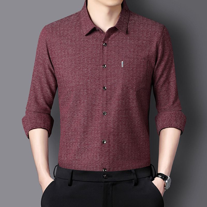 Autumn mulberry silk long sleeved shirt for men, real pocket business, middle-aged, no ironing, solid color shirt for men