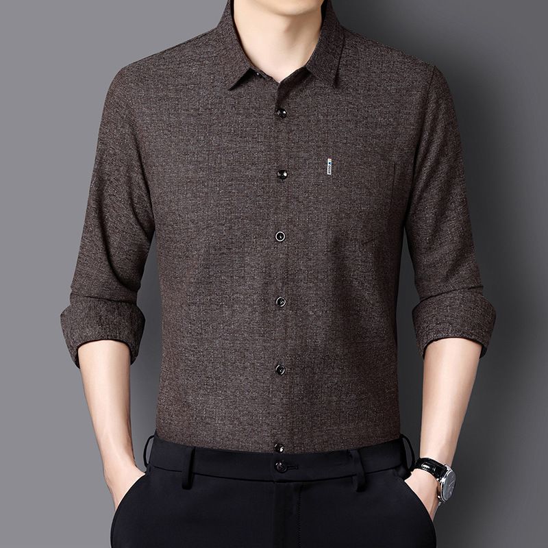 Autumn mulberry silk long sleeved shirt for men, real pocket business, middle-aged, no ironing, solid color shirt for men