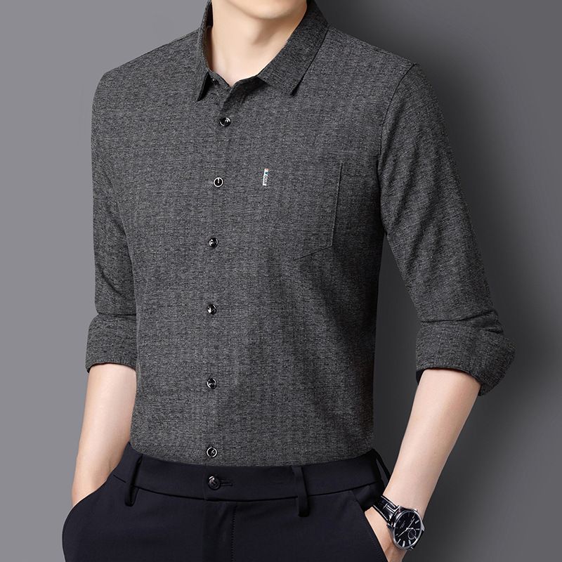 Autumn mulberry silk long sleeved shirt for men, real pocket business, middle-aged, no ironing, solid color shirt for men