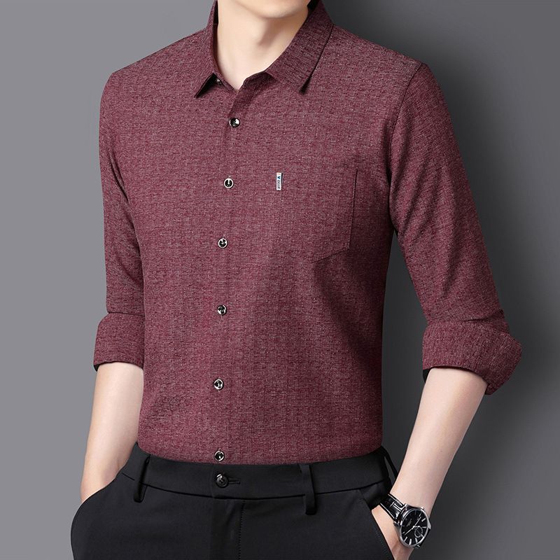 Autumn mulberry silk long sleeved shirt for men, real pocket business, middle-aged, no ironing, solid color shirt for men