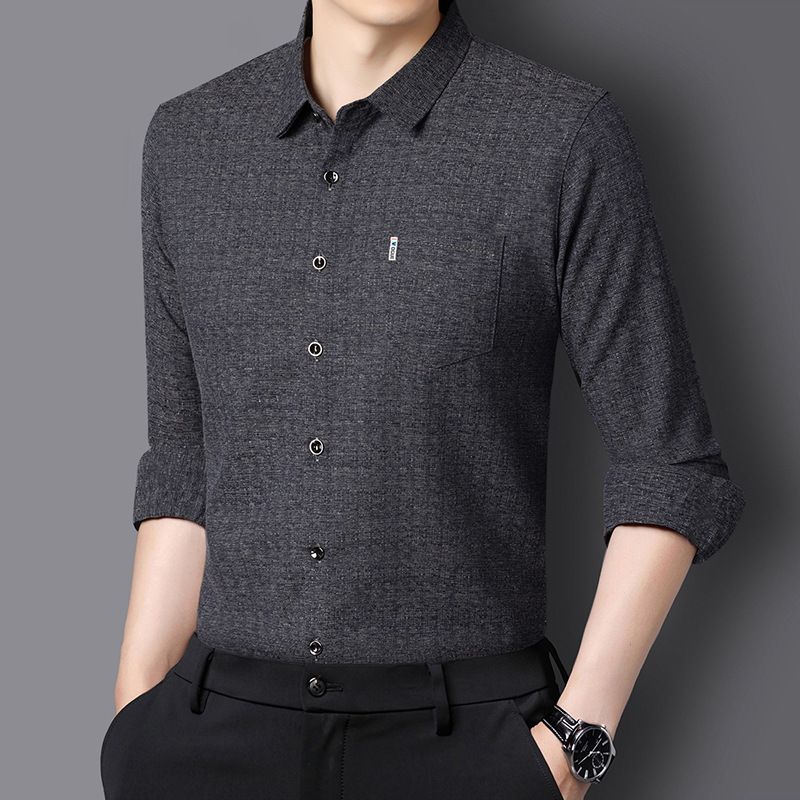 Autumn mulberry silk long sleeved shirt for men, real pocket business, middle-aged, no ironing, solid color shirt for men