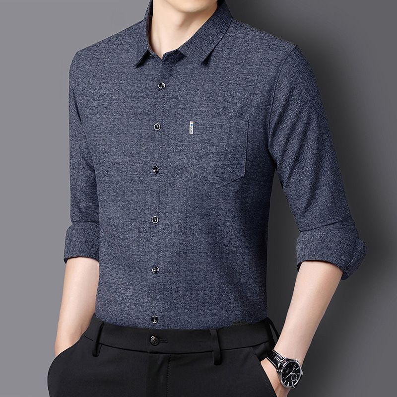 Autumn mulberry silk long sleeved shirt for men, real pocket business, middle-aged, no ironing, solid color shirt for men