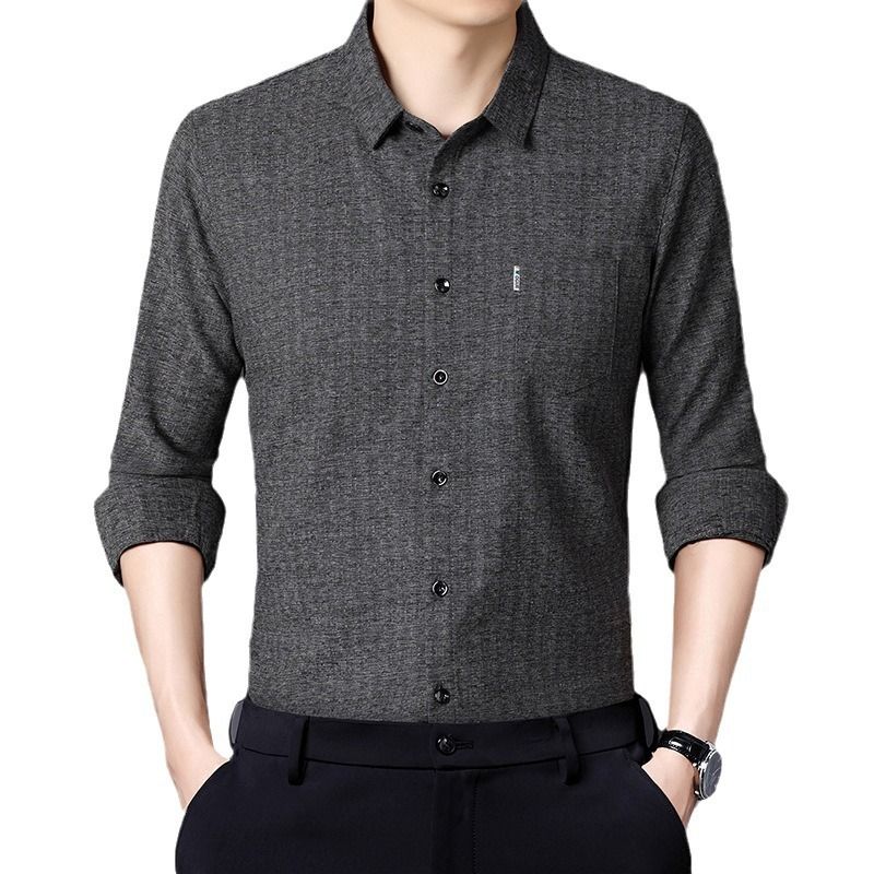 Autumn mulberry silk long sleeved shirt for men, real pocket business, middle-aged, no ironing, solid color shirt for men