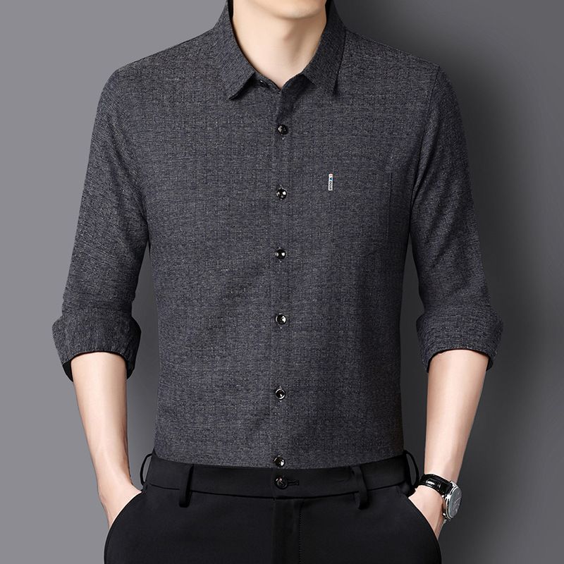 Autumn mulberry silk long sleeved shirt for men, real pocket business, middle-aged, no ironing, solid color shirt for men