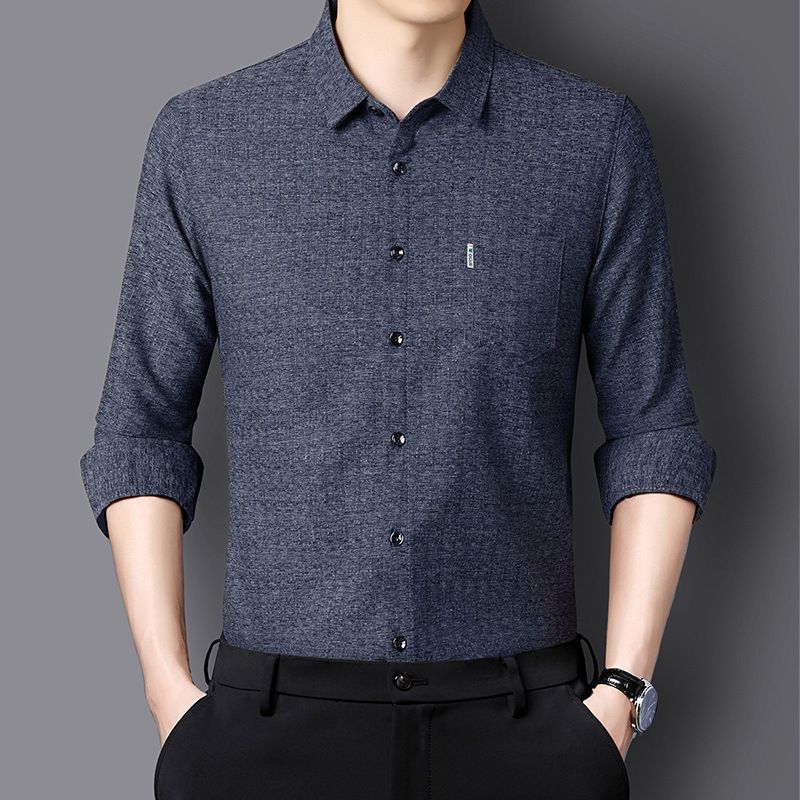 Autumn mulberry silk long sleeved shirt for men, real pocket business, middle-aged, no ironing, solid color shirt for men