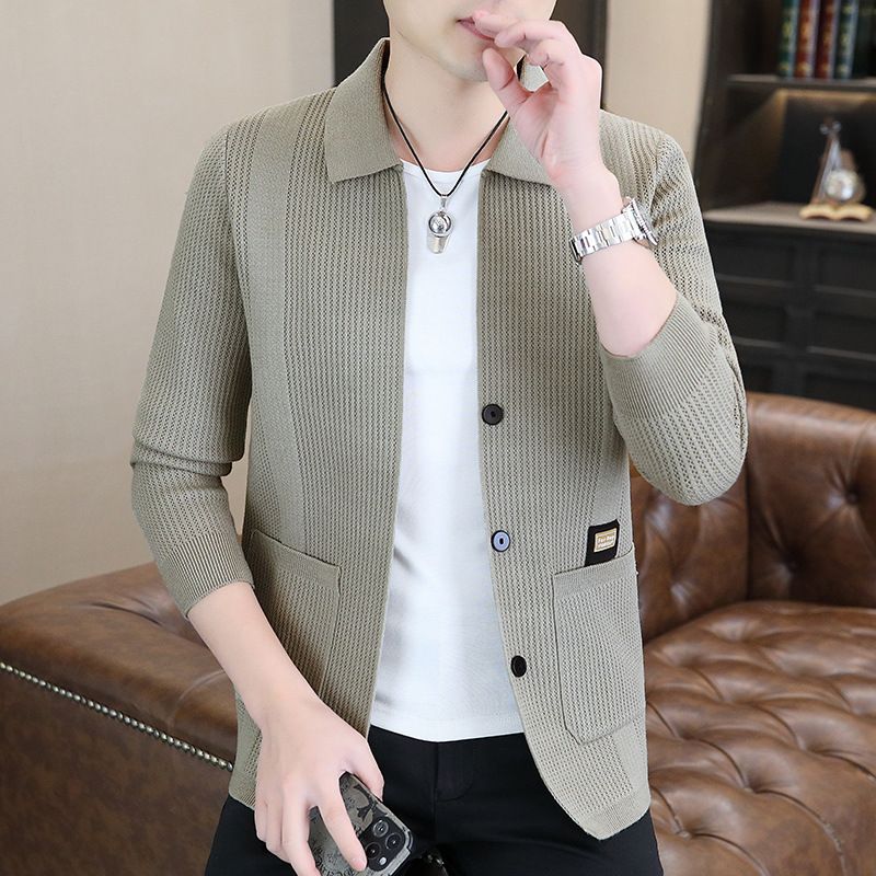 Cardigan sweater men's spring autumn business casual versatile knitted sweater trendy brand fashionable lapel jacket