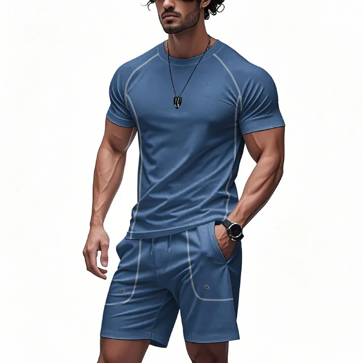 Men's European and American summer casual suit men's two-piece set simple sports quick drying shoulder  Two-Piece Outfits