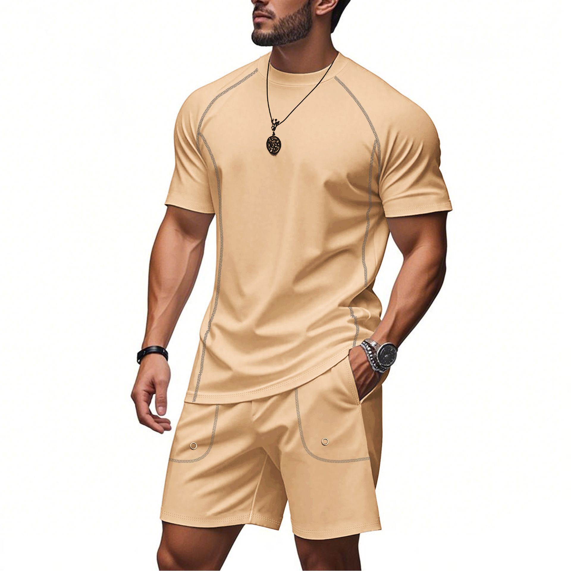 Men's European and American summer casual suit men's two-piece set simple sports quick drying shoulder  Two-Piece Outfits