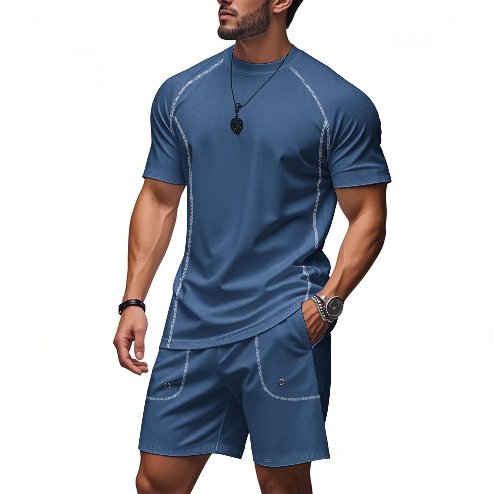 Men's European and American summer casual suit men's two-piece set simple sports quick drying shoulder  Two-Piece Outfits