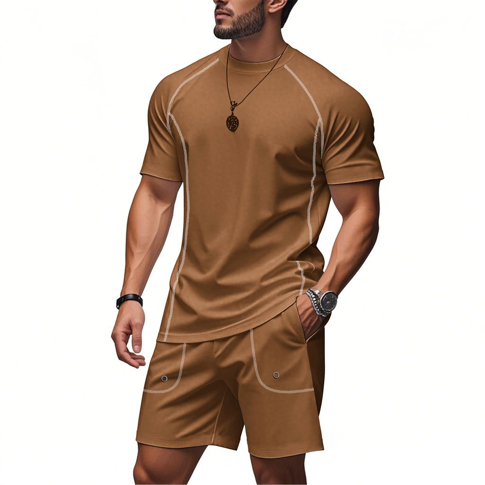 Men's European and American summer casual suit men's two-piece set simple sports quick drying shoulder  Two-Piece Outfits