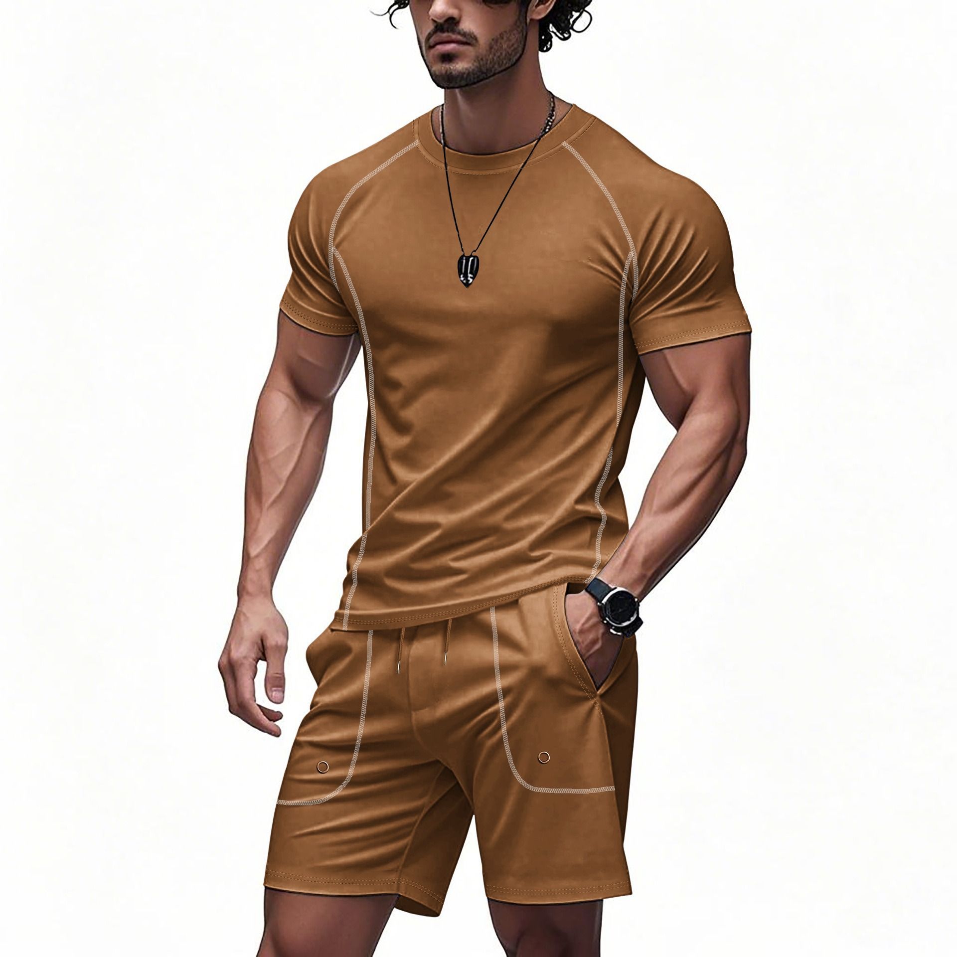 Men's European and American summer casual suit men's two-piece set simple sports quick drying shoulder  Two-Piece Outfits