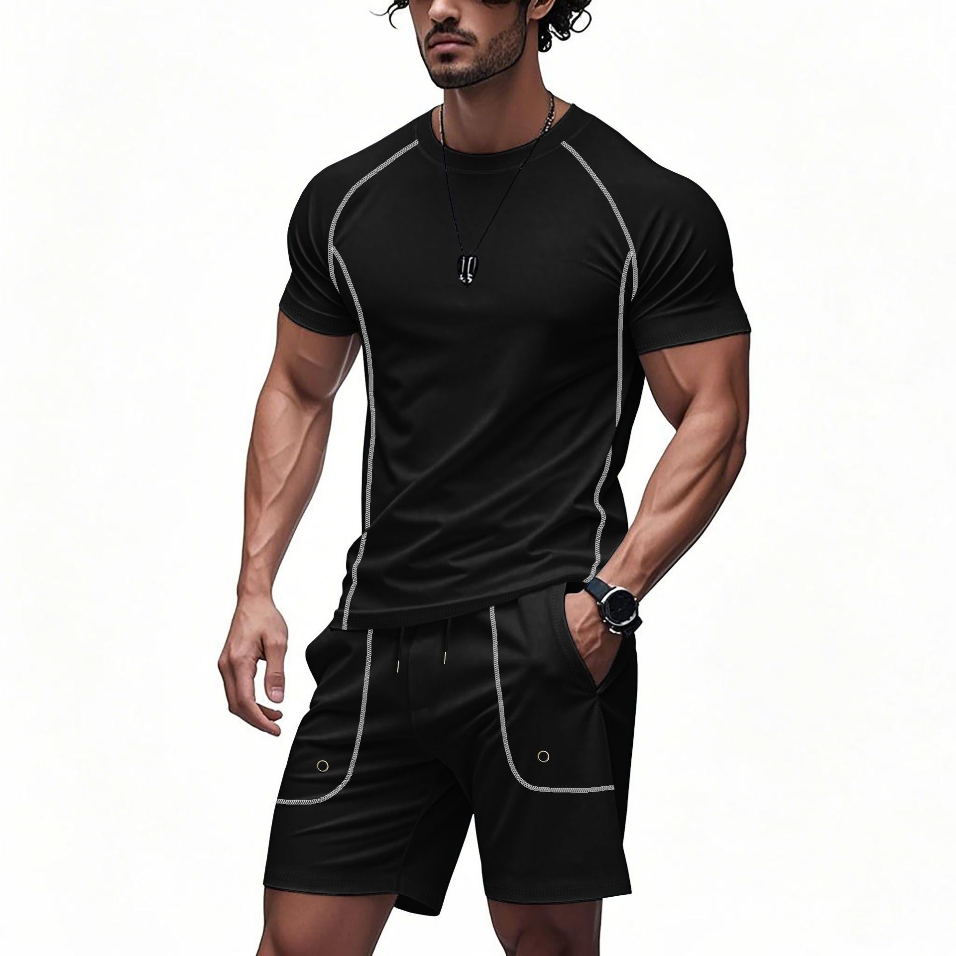 Men's European and American summer casual suit men's two-piece set simple sports quick drying shoulder  Two-Piece Outfits