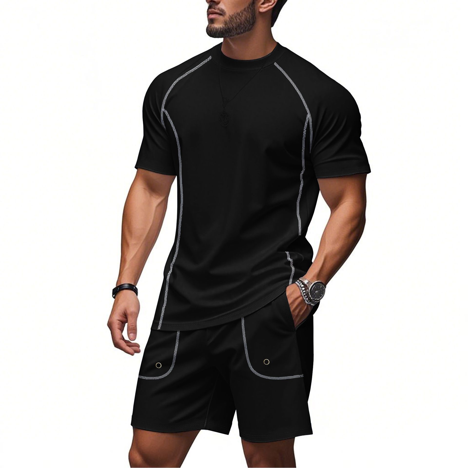 Men's European and American summer casual suit men's two-piece set simple sports quick drying shoulder  Two-Piece Outfits
