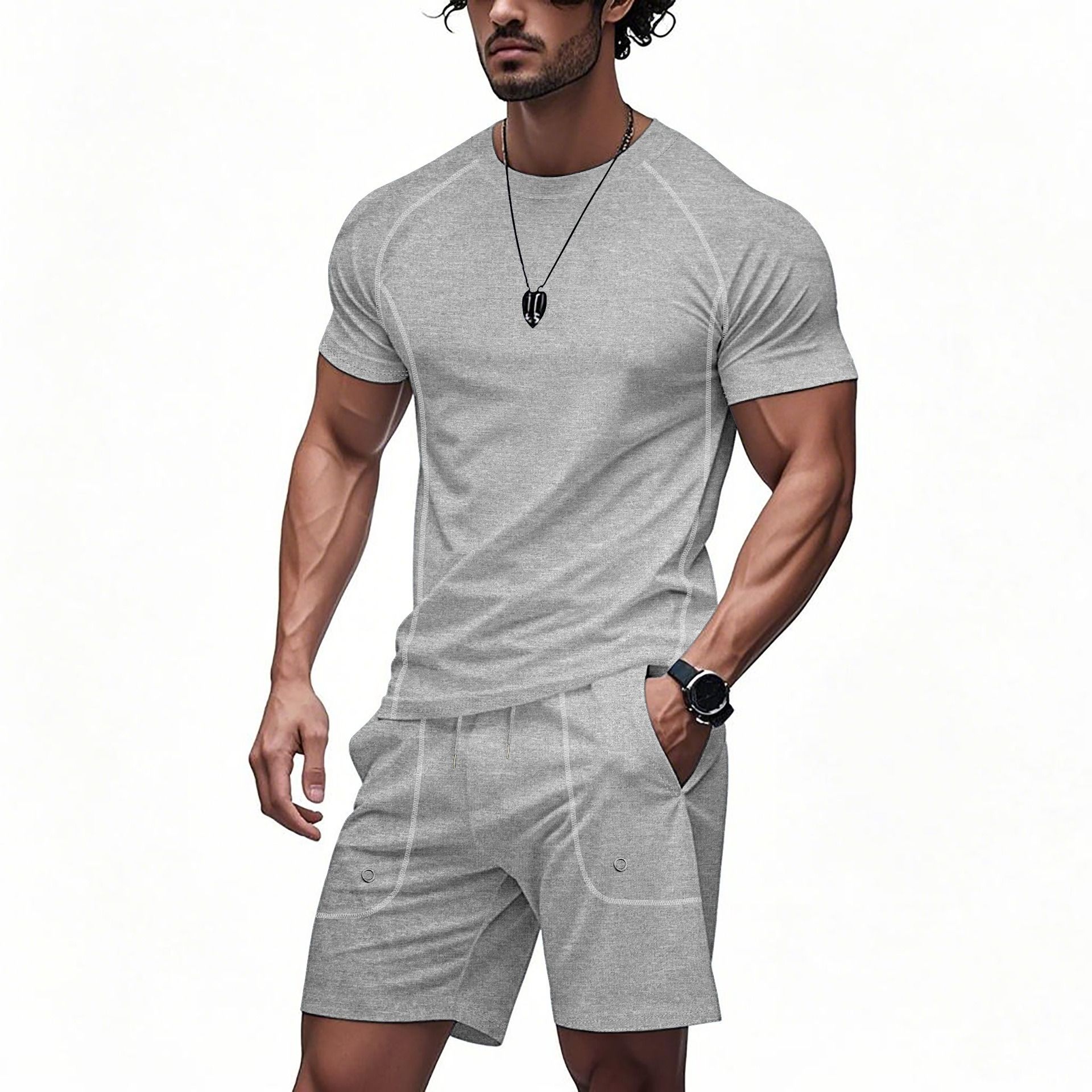 Men's European and American summer casual suit men's two-piece set simple sports quick drying shoulder  Two-Piece Outfits