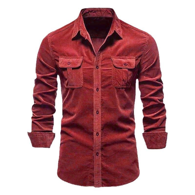 Men Spring Corduroy Shirts Cotton Long Sleeve Double Pockets Slim Fit Tops Work Clothing Button Coat Casual Shirt