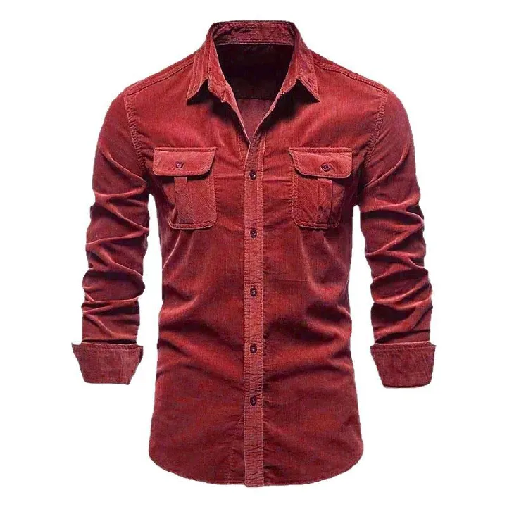 Men Spring Corduroy Shirts Cotton Long Sleeve Double Pockets Slim Fit Tops Work Clothing Button Coat Casual Shirt