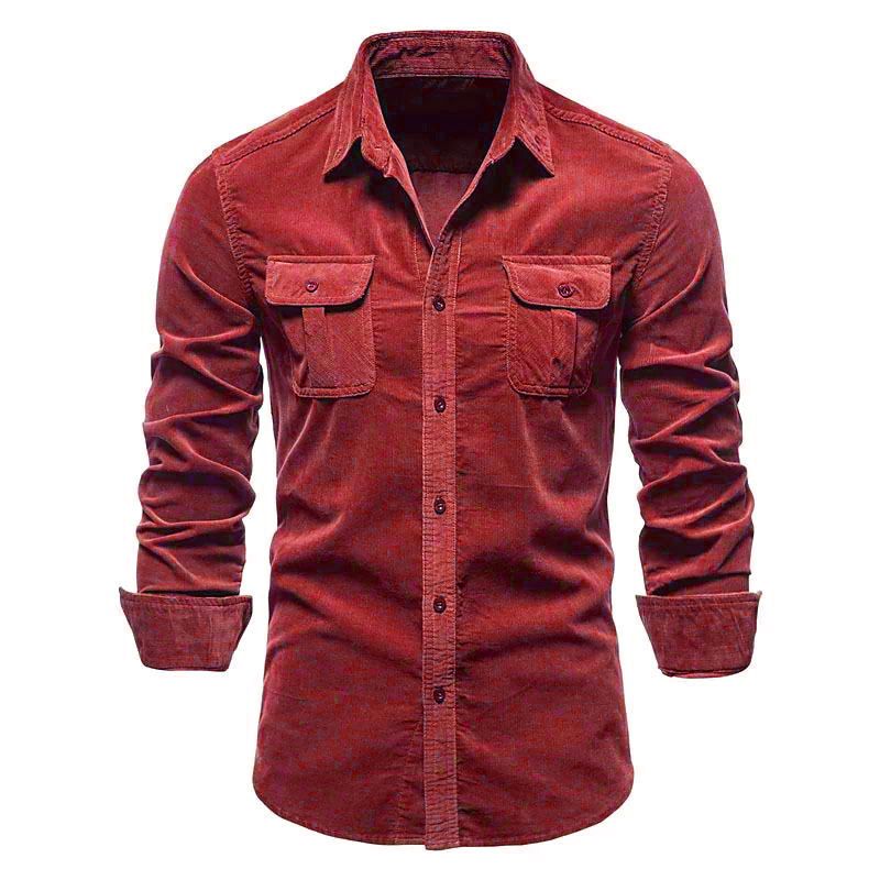 Men Spring Corduroy Shirts Cotton Long Sleeve Double Pockets Slim Fit Tops Work Clothing Button Coat Casual Shirt