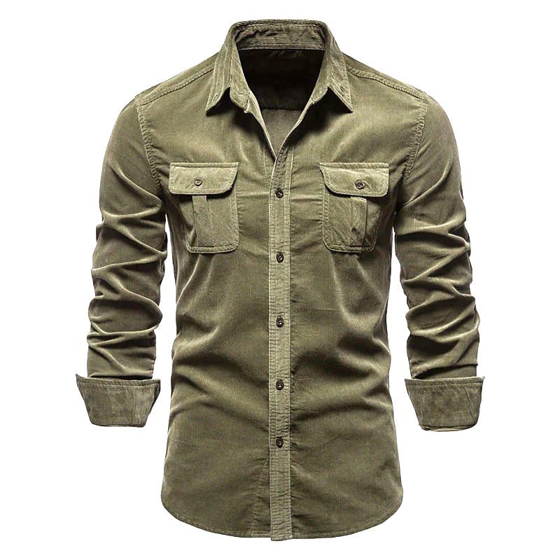 Men Spring Corduroy Shirts Cotton Long Sleeve Double Pockets Slim Fit Tops Work Clothing Button Coat Casual Shirt
