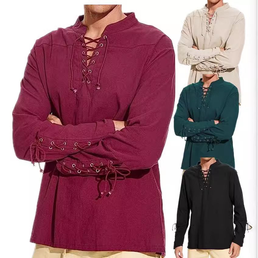 Men'S Stand Collar Long Sleeve Shirt Cotton Linen Custom Personalized Embroidered T Shirts Casual Beach Regular Shirts for Men Shirts