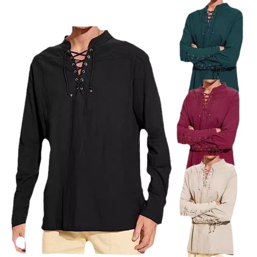 Men'S Stand Collar Long Sleeve Shirt Cotton Linen Custom Personalized Embroidered T Shirts Casual Beach Regular Shirts for Men Shirts