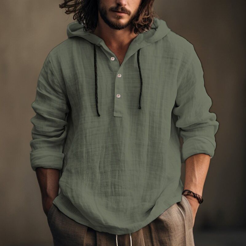 Trend Cotton Linen Long Sleeved Daily Casual Travel Breathable Soft Loose Single Breasted Men's  Sweatshirts Hoodie