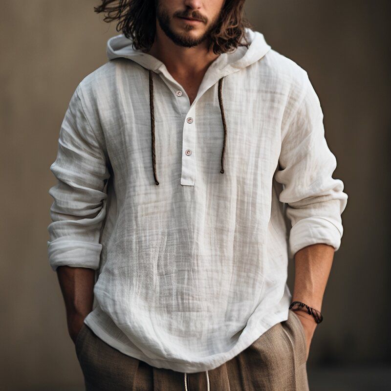 Trend Cotton Linen Long Sleeved Daily Casual Travel Breathable Soft Loose Single Breasted Men's  Sweatshirts Hoodie
