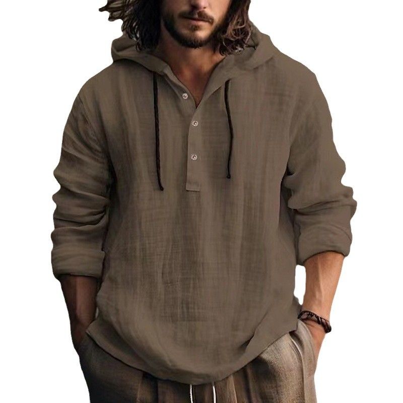 Trend Cotton Linen Long Sleeved Daily Casual Travel Breathable Soft Loose Single Breasted Men's  Sweatshirts Hoodie