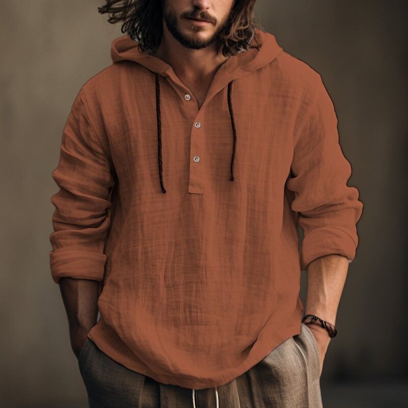 Trend Cotton Linen Long Sleeved Daily Casual Travel Breathable Soft Loose Single Breasted Men's  Sweatshirts Hoodie