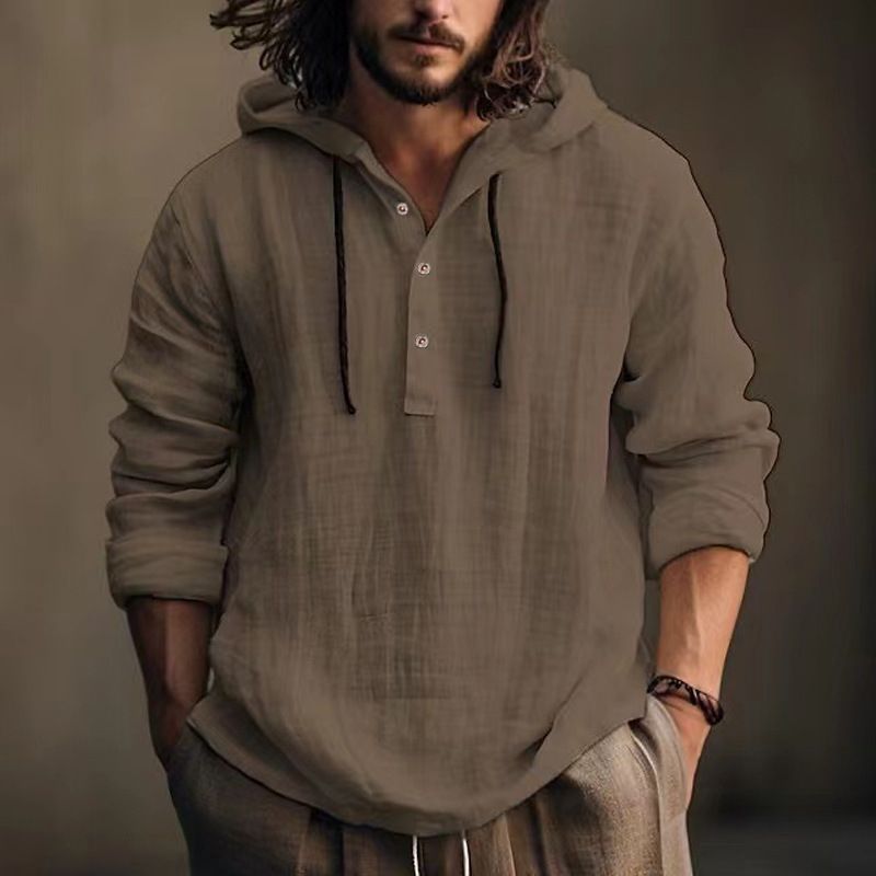 Trend Cotton Linen Long Sleeved Daily Casual Travel Breathable Soft Loose Single Breasted Men's  Sweatshirts Hoodie