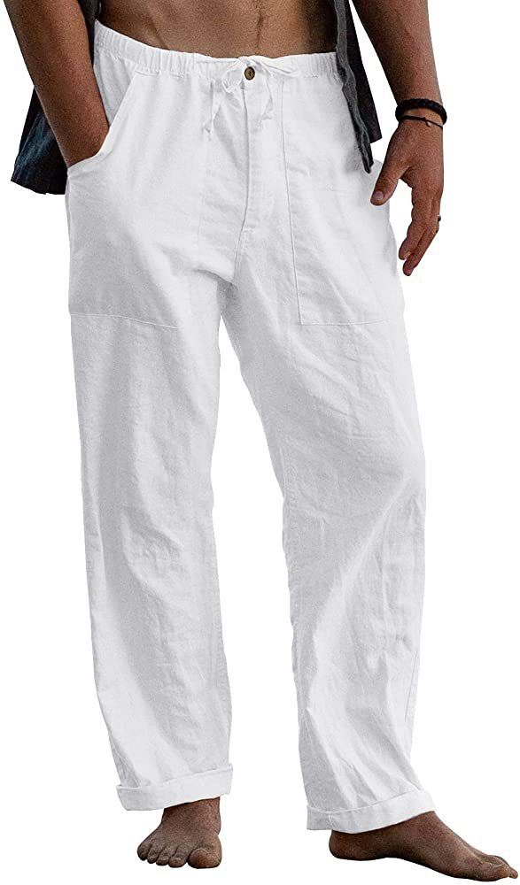 Trends Men's White Linen Sweatpants Plus Size Casual 100% Linen Pants with Wide Leg and Mid Waist Lightweight Pants Casual