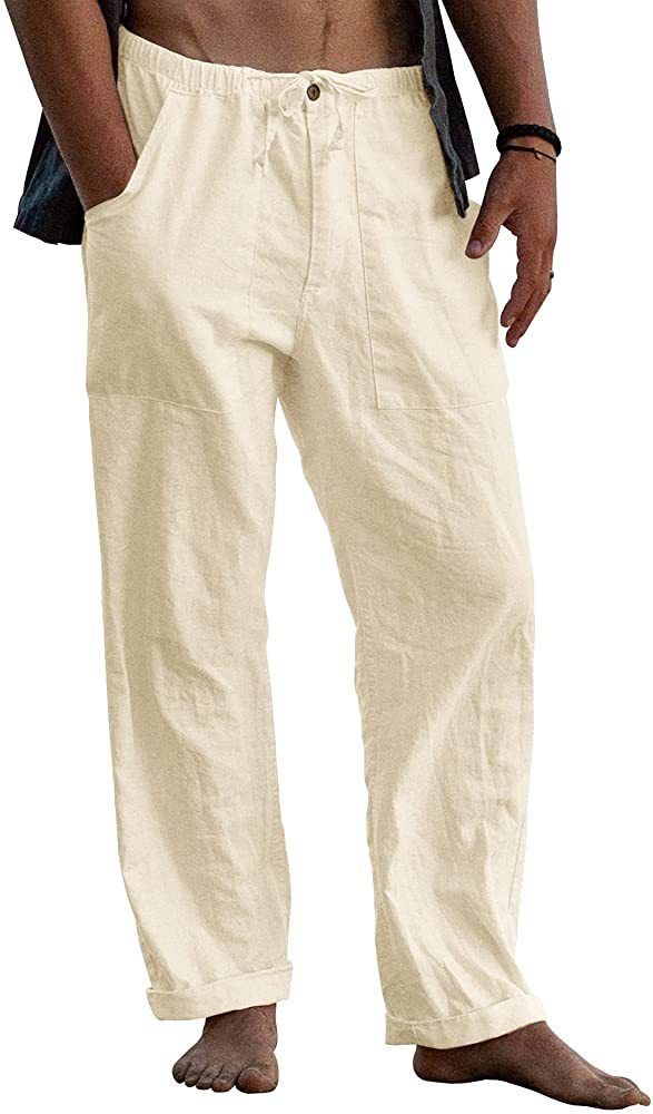 Trends Men's White Linen Sweatpants Plus Size Casual 100% Linen Pants with Wide Leg and Mid Waist Lightweight Pants Casual