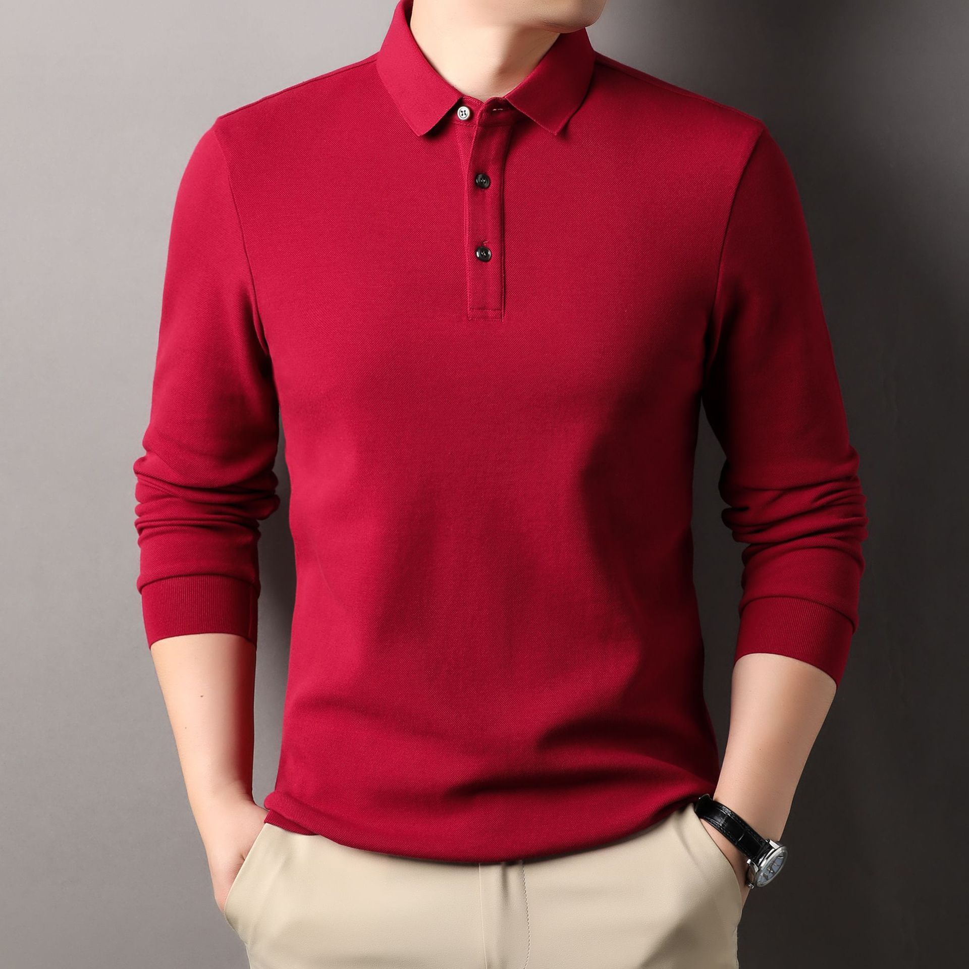 Spring and Autumn Long Sleeve Polo Shirt Men Middle-aged Waffle Casual Large Size Lapel T-shirt Shirt
