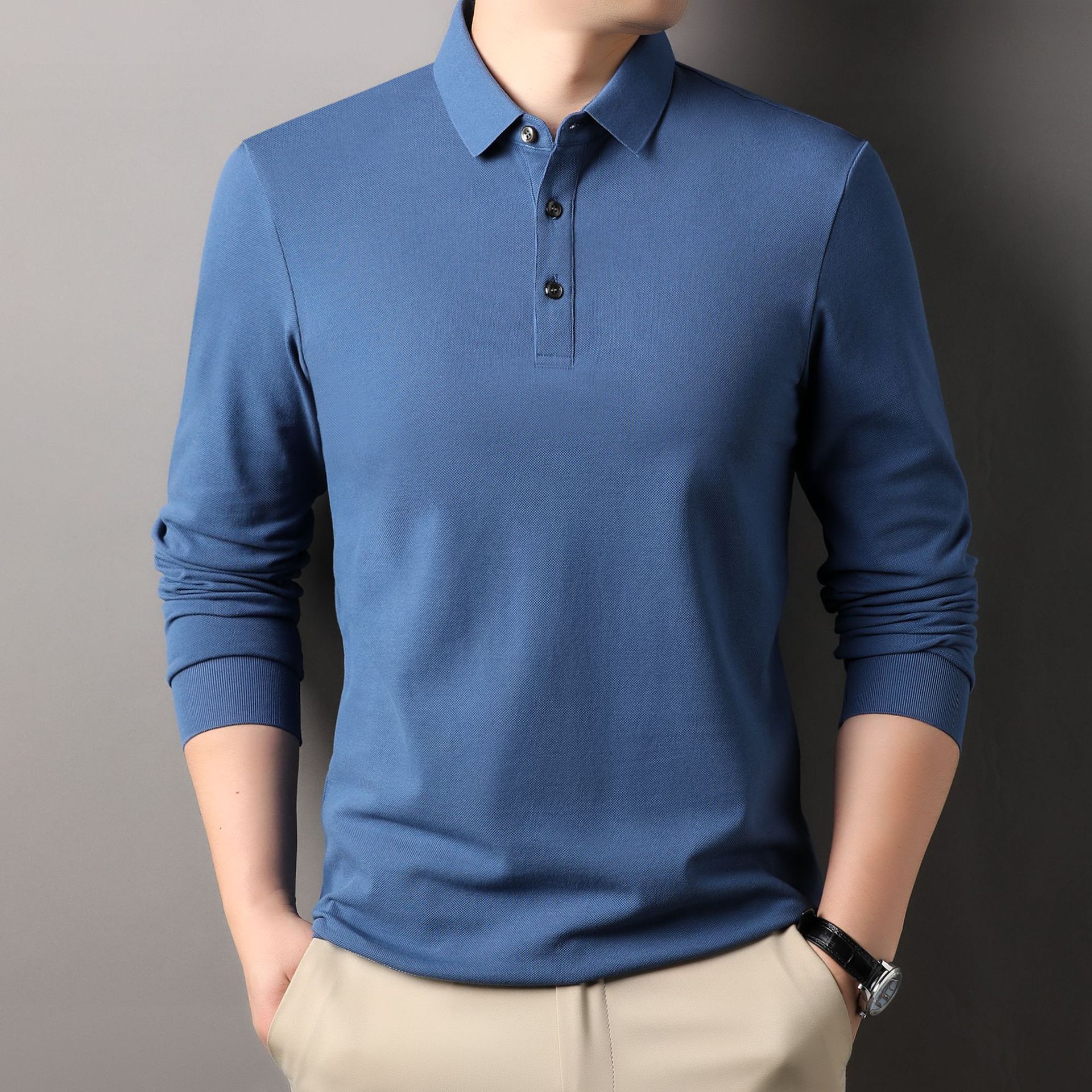 Spring and Autumn Long Sleeve Polo Shirt Men Middle-aged Waffle Casual Large Size Lapel T-shirt Shirt